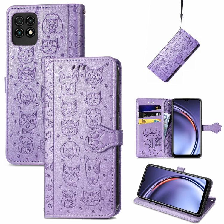 Purple cat-and-dog embossed leather flip phone case with card slots and lanyard