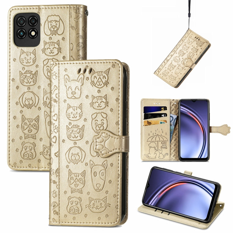 Gold cat-and-dog embossed leather flip phone case with card slots and lanyard