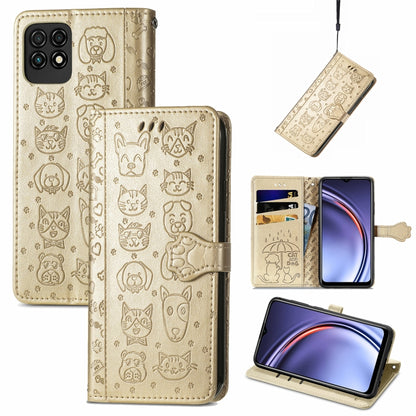 Gold cat-and-dog embossed leather flip phone case with card slots and lanyard