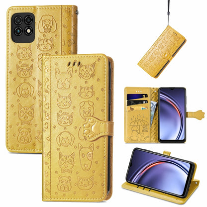 Yellow cat-and-dog embossed leather flip phone case with card slots and lanyard