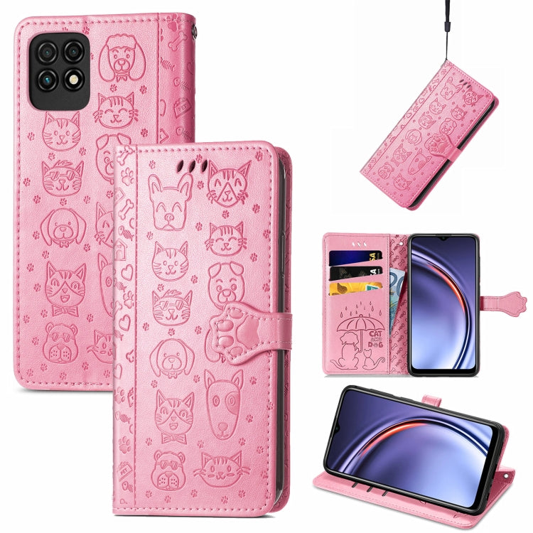 Rose pink cat-and-dog embossed leather flip phone case with card slots and lanyard