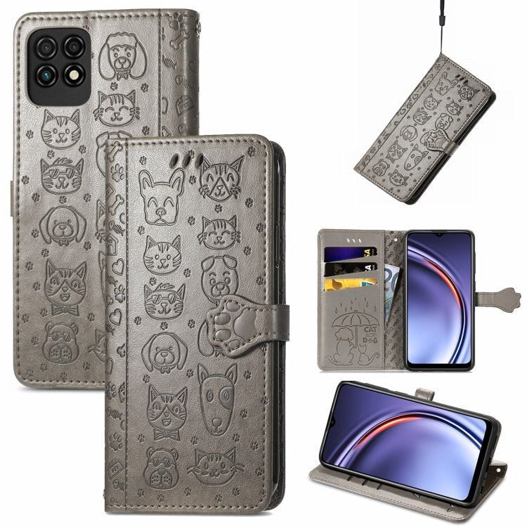Dark grey cat-and-dog embossed leather flip phone case with card slots and lanyard