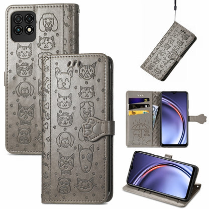 Dark grey cat-and-dog embossed leather flip phone case with card slots and lanyard