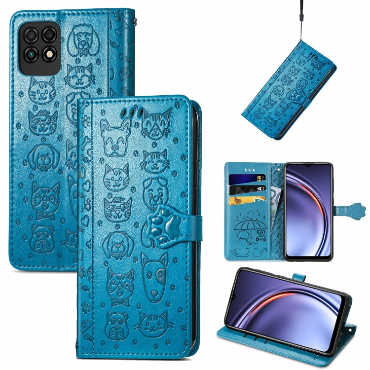 Bright blue cat-and-dog embossed leather flip phone case with card slots and lanyard
