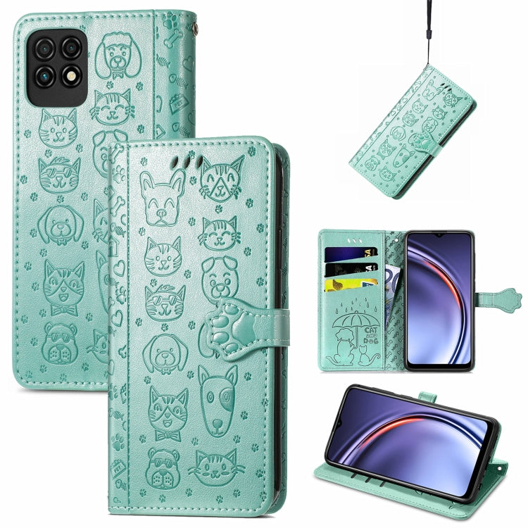 Teal cat-and-dog embossed leather phone wallet case with card slots and lanyard strap