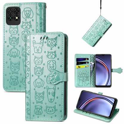 Teal cat-and-dog embossed leather phone wallet case with card slots and lanyard strap