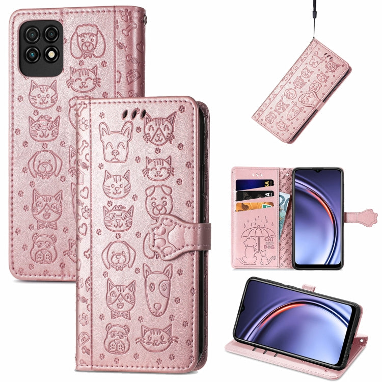 Pink cat-and-dog embossed leather phone wallet case with card slots and lanyard strap