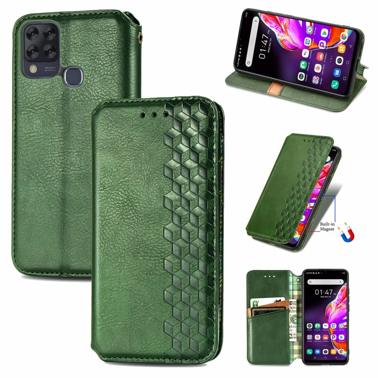 Green magnetic PU leather wallet case with card slots and cube grid texture, flip cover