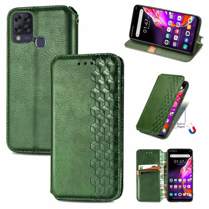 Green magnetic PU leather wallet case with card slots and cube grid texture, flip cover