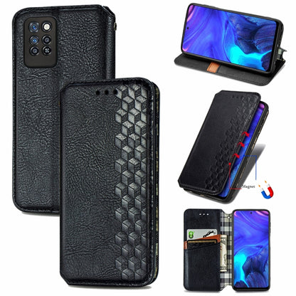 Black magnetic PU leather wallet case with card slots and cube grid pattern, flip cover