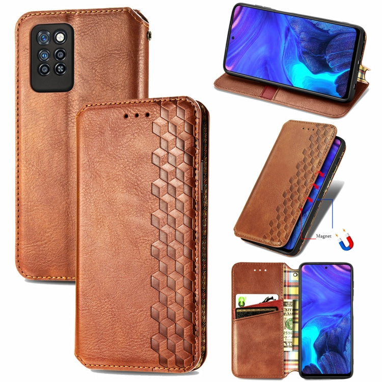 Brown magnetic PU leather wallet case with card slots and cube grid texture, flip cover