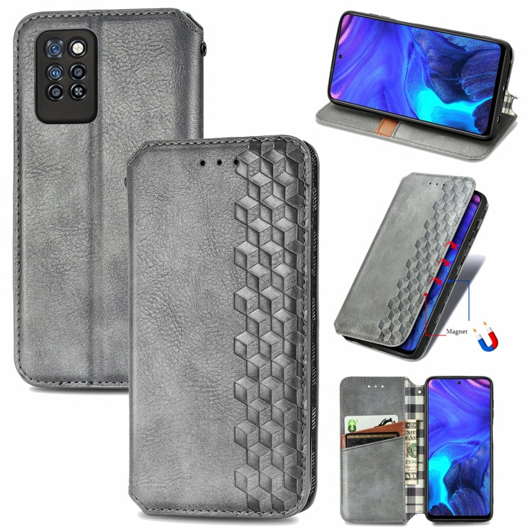 Grey magnetic PU leather wallet case with card slots and cube grid pattern, flip cover