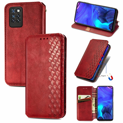 Red magnetic PU leather wallet case with card slots and cube grid texture, flip cover