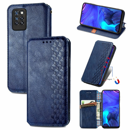 Blue magnetic PU leather wallet case with card slots and cube grid pattern, flip cover