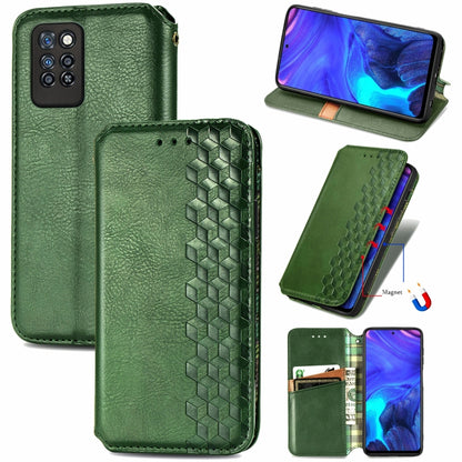 Green magnetic PU leather wallet case with card slots, cube grid front and stand view