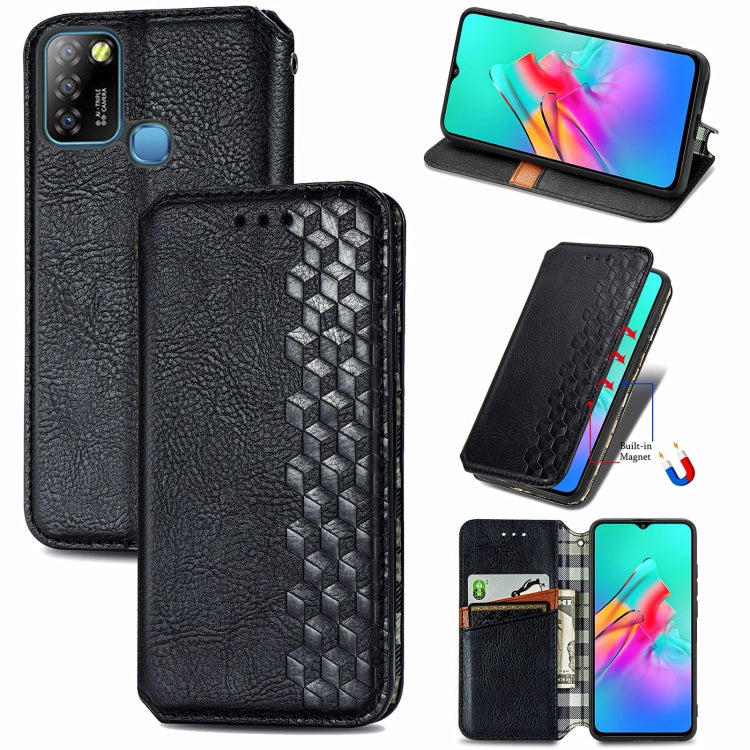 Black magnetic PU leather wallet case with card slots and cube grid front, flip cover