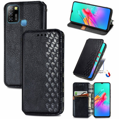 Black magnetic PU leather wallet case with card slots and cube grid front, flip cover