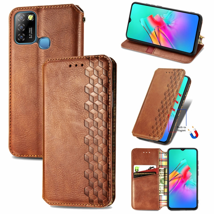 Brown magnetic PU leather wallet case with card slots and cube grid texture, stand view