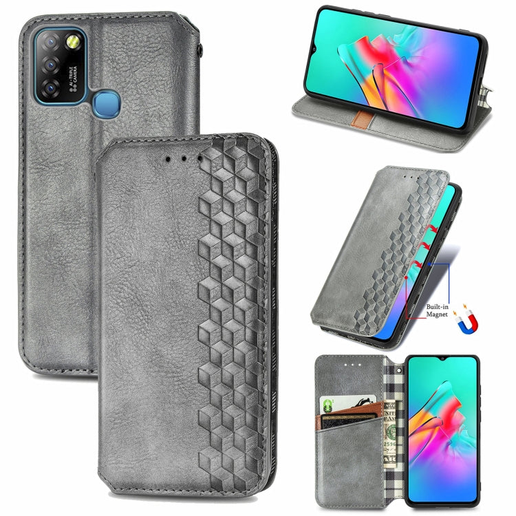 Grey magnetic PU leather wallet case with card slots and cube grid front, flip cover