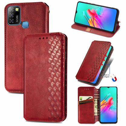 Red magnetic flip PU leather phone case, cubic grid, card slots and stand