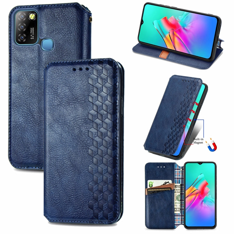 Blue magnetic flip PU leather phone case, cubic grid, card slots and stand