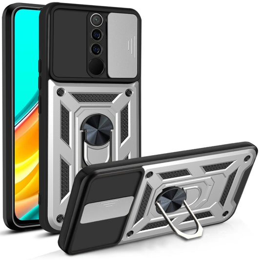 Rugged protective phone case with sliding camera cover and ring kickstand, silver accents