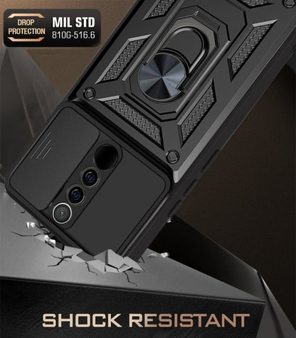 Rugged black phone case with sliding camera cover, textured armor grip, drop protection