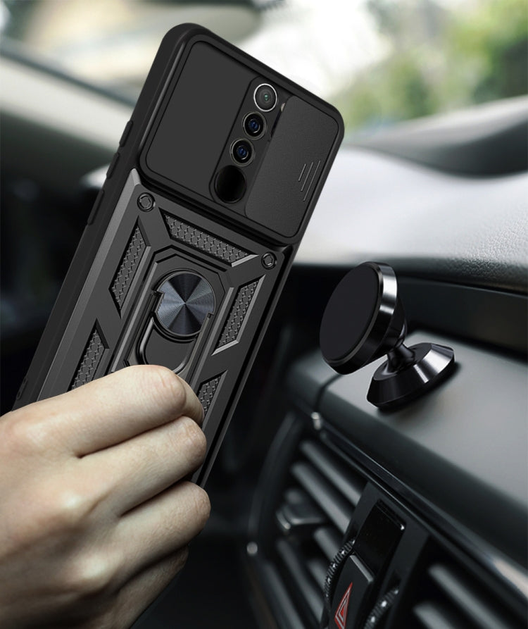Black rugged phone case with sliding camera cover and ring kickstand