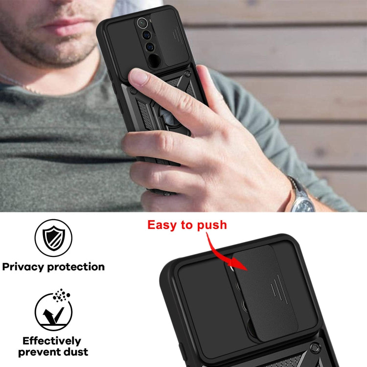 Black rugged phone case with sliding camera cover, dust-preventing design, ring stand