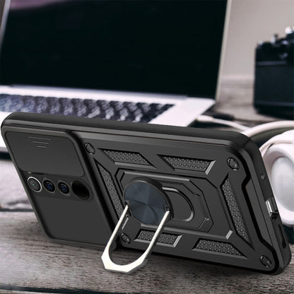 Black rugged phone case with ring kickstand and sliding camera cover, textured armor