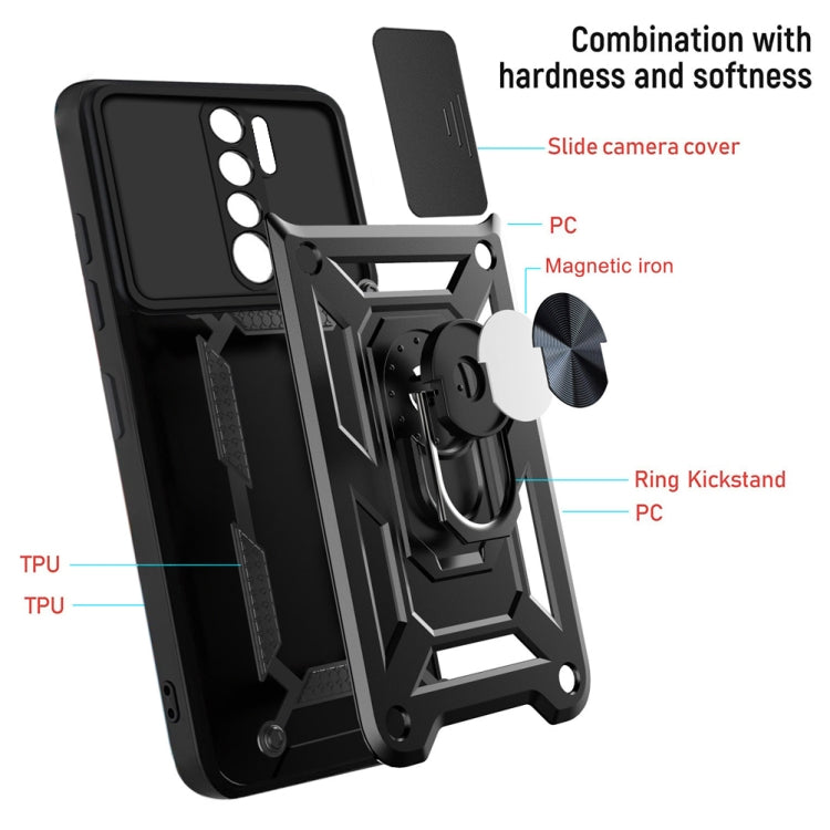 Rugged phone case with sliding camera cover and ring kickstand, layered armor frame