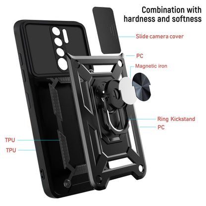 Rugged phone case with sliding camera cover and ring kickstand, layered armor frame