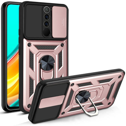 Rose gold rugged phone case with sliding camera cover and ring kickstand, geometric armor