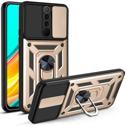 Gold rugged phone case with sliding camera cover and ring kickstand, geometric armor