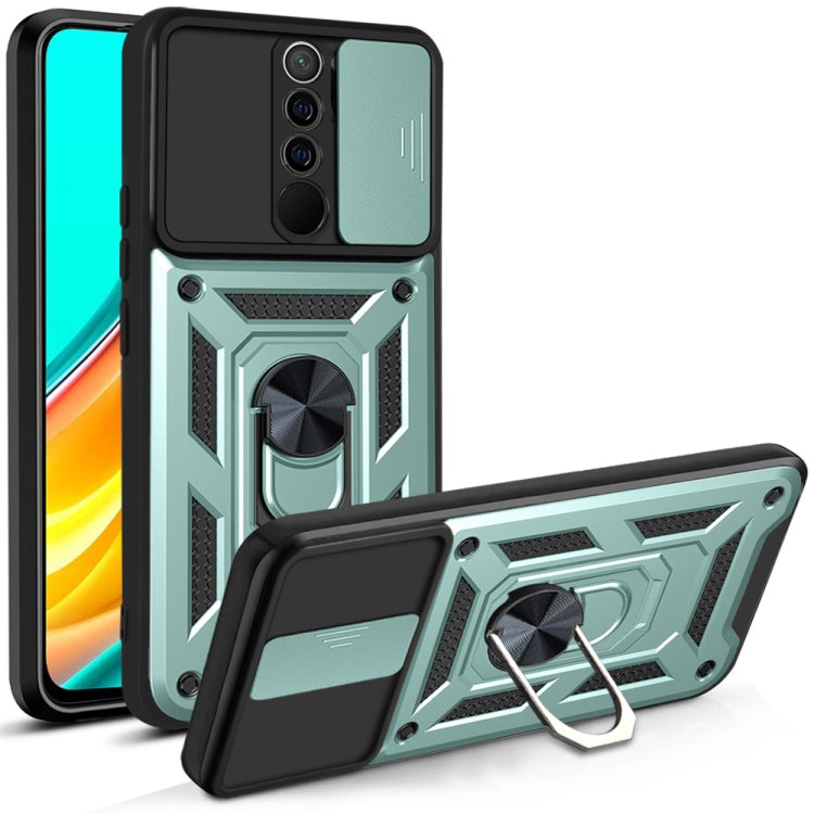 Dark green rugged phone case with sliding camera cover and ring kickstand, geometric armor