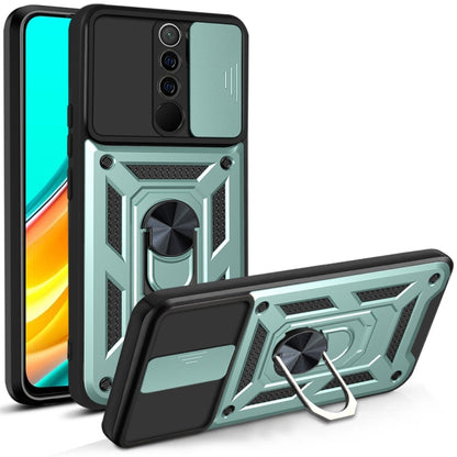 Dark green rugged phone case with sliding camera cover and ring kickstand, geometric armor