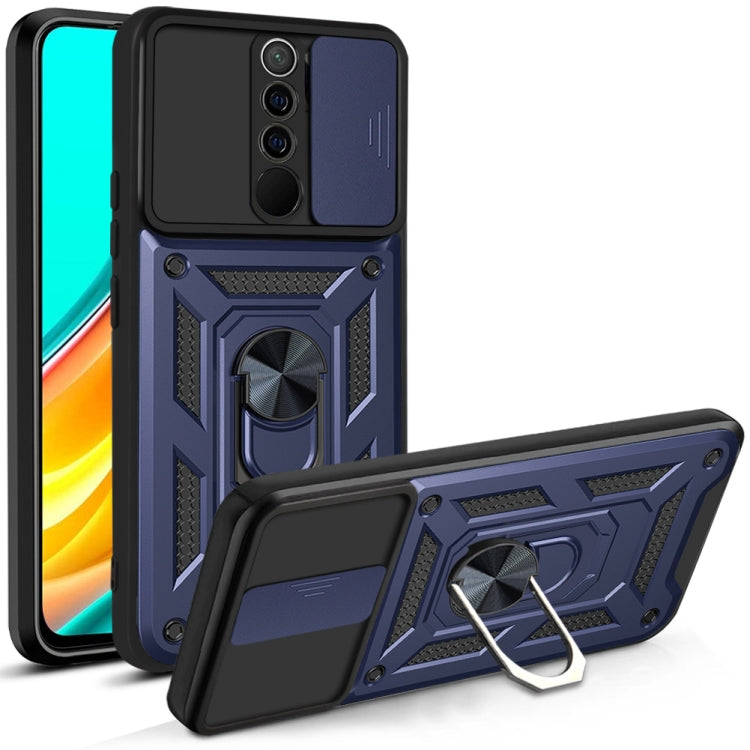 Protective phone case with sliding camera cover, blue armored TPU/PC, kickstand