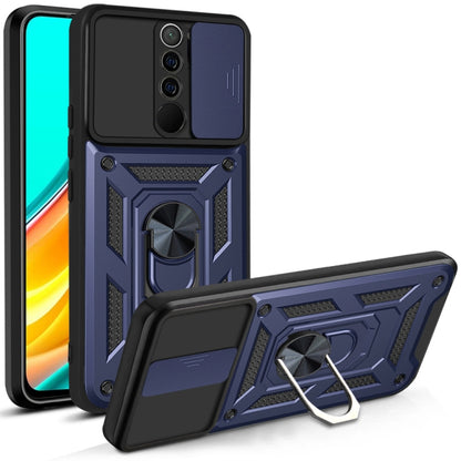 Protective phone case with sliding camera cover, blue armored TPU/PC, kickstand