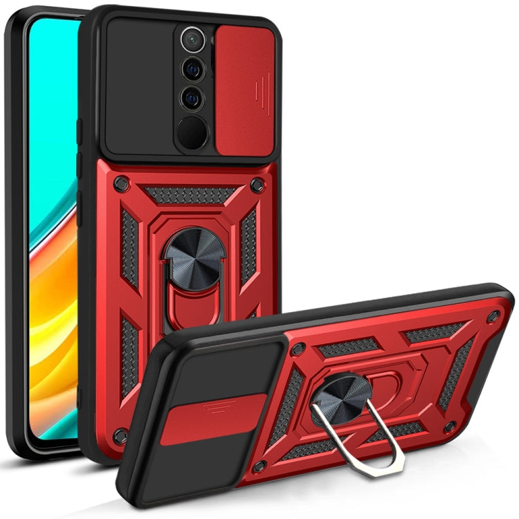 Protective phone case with sliding camera cover, red armored TPU/PC, kickstand