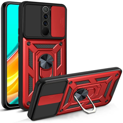 Protective phone case with sliding camera cover, red armored TPU/PC, kickstand