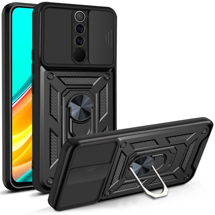 Protective phone case with sliding camera cover, black armored TPU/PC, kickstand