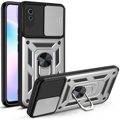 Protective phone case with sliding camera cover, silver/white armored TPU/PC, kickstand