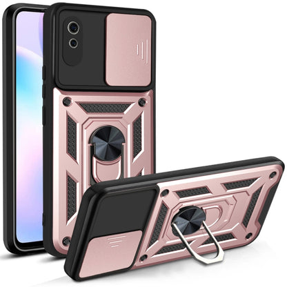 Protective phone case with sliding camera cover, rose gold armored TPU/PC, kickstand