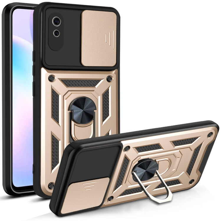 Protective phone case with sliding camera cover, gold armored TPU/PC, kickstand