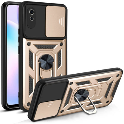 Protective phone case with sliding camera cover, gold armored TPU/PC, kickstand
