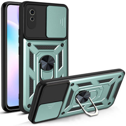 Protective phone case with sliding camera cover, dark green armored TPU/PC, kickstand