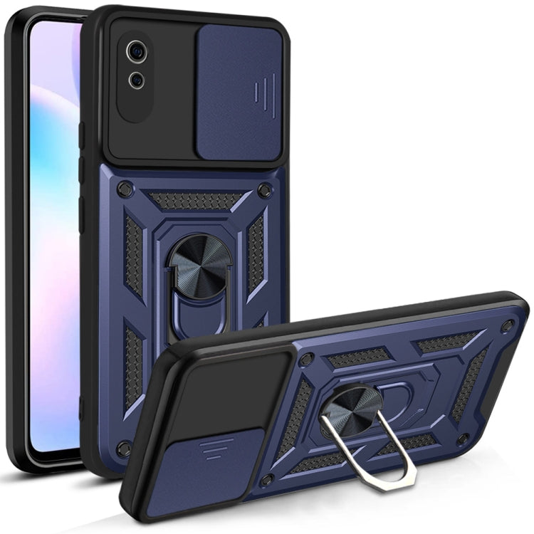 Protective phone case with sliding camera cover, navy blue armored TPU/PC, kickstand