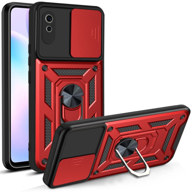 Protective phone case with sliding camera cover, red armored TPU/PC, kickstand