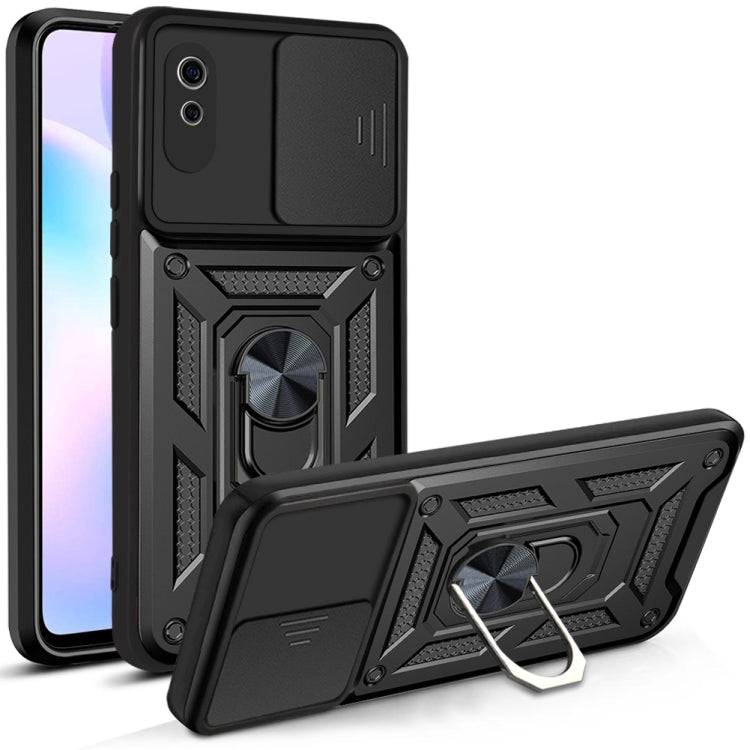 Protective phone case with sliding camera cover, black armored TPU/PC, kickstand