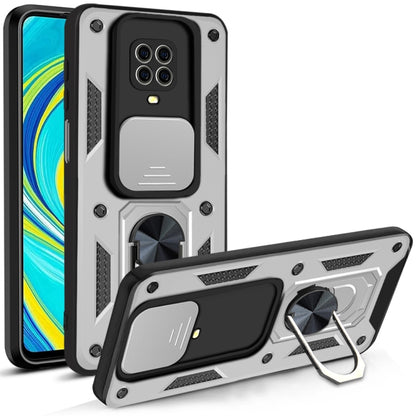 Protective phone case with sliding camera cover and kickstand, black with silver accents